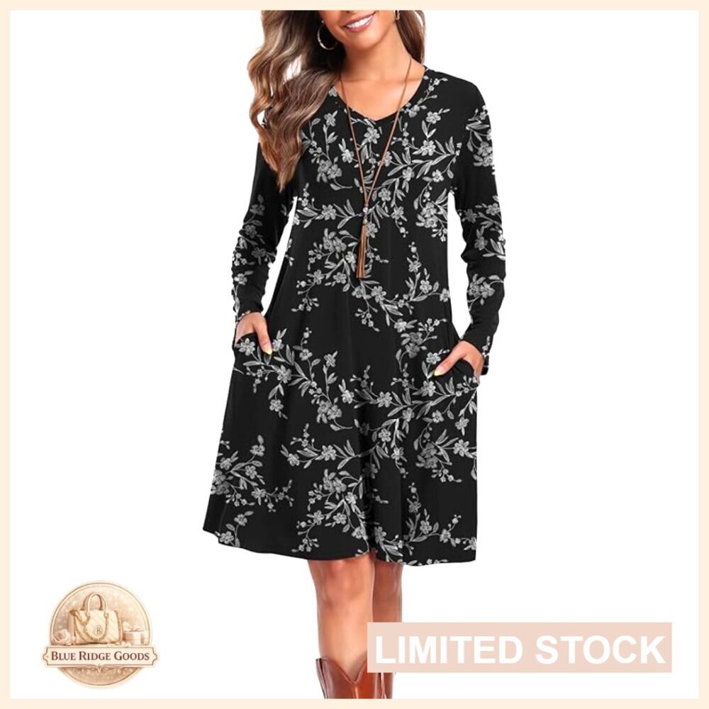 Long Sleeve Swing Dress Casual T-Shirt Style with Pockets Loose Fit